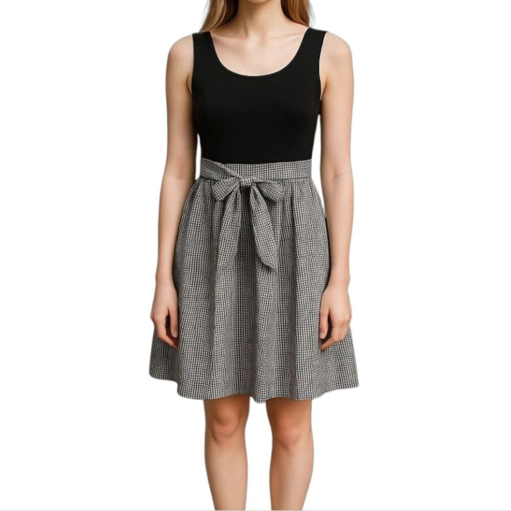 Robbie Bee Plaid Gingham Seersucker Tie Waist Color block Midi Dress